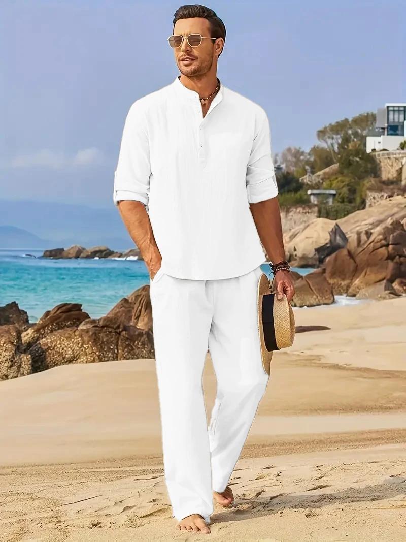 Ensemble de costume en lin blanc pour homme, chemise Henley à manches longues et pantalon à taille é
