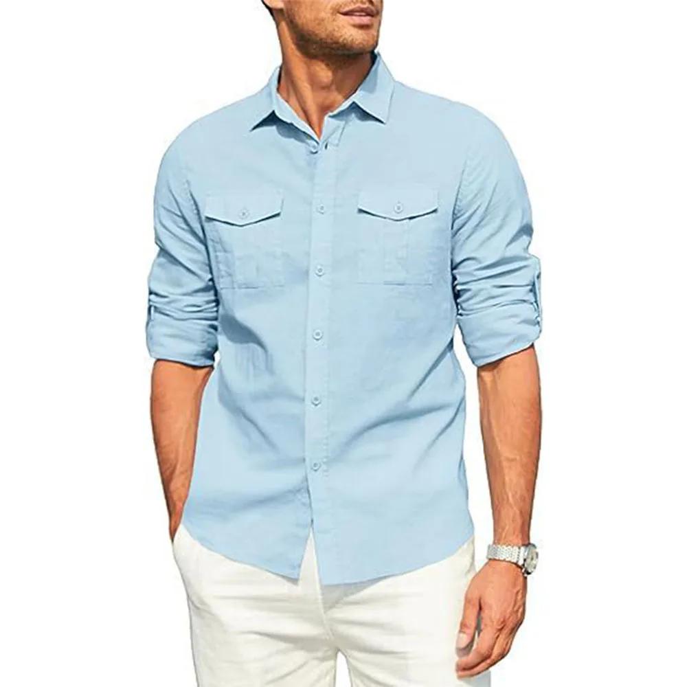Chemise pour hommes Double poche coton lin chemise à manches longues décontracté chemise de vacances