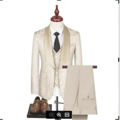 Costume de smoking formel 3 pièces en jacquard champagne pour homme avec blazer à revers châle, idéa