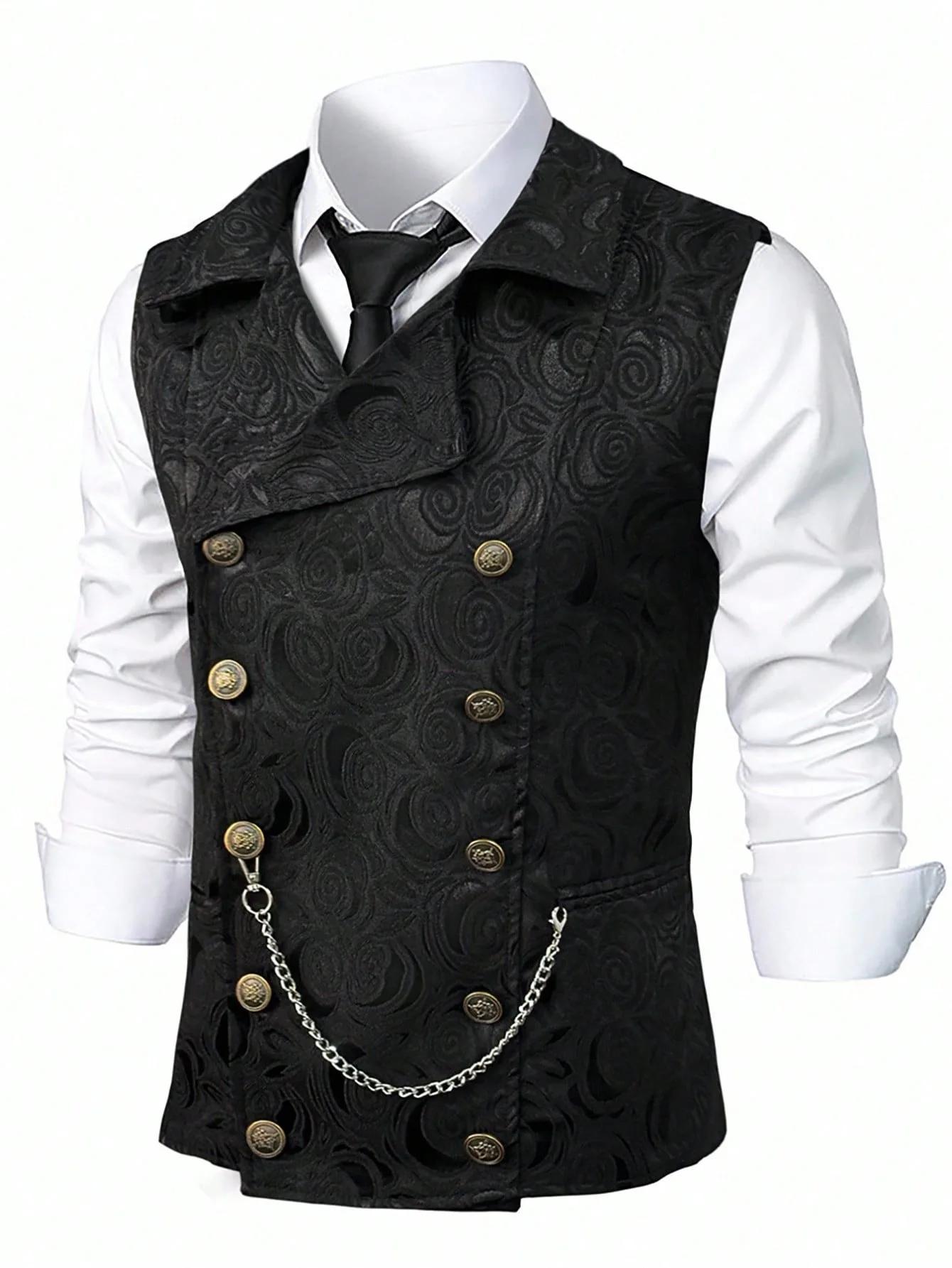 Gilet de costume noir pour homme ; Tissu jacquard, double boutonnage, sans manches, col en V ; Dispo