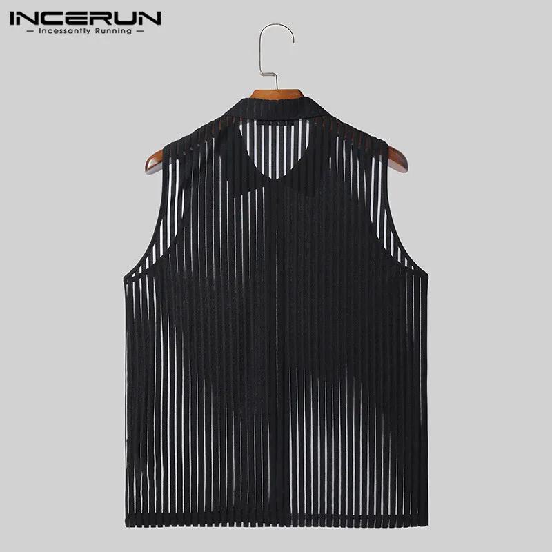 Mode Style décontracté hauts INCERUN hommes rayure verticale Perspective gilet à glissière Sexy mâle