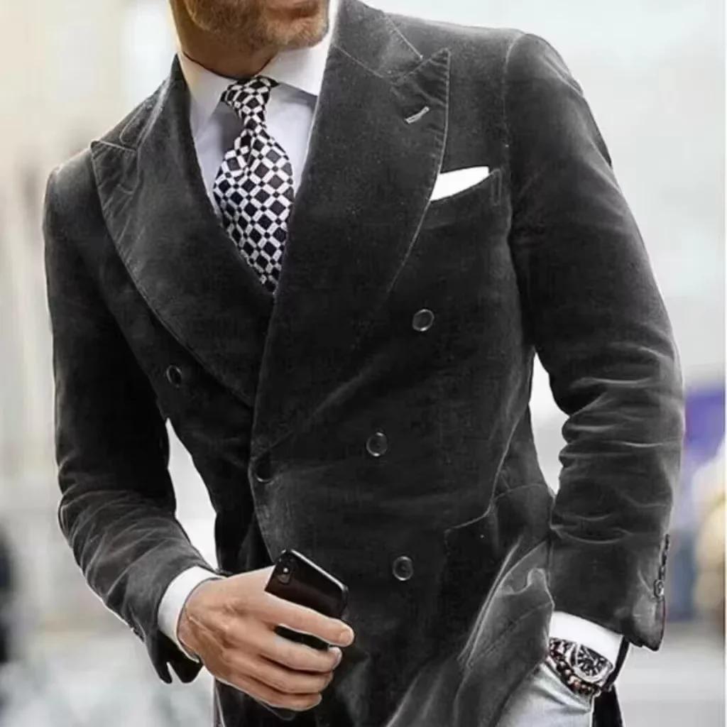 Blazer en velours pour hommes, Double boutonnage, revers, veste élégante, formelle, Business, mariag