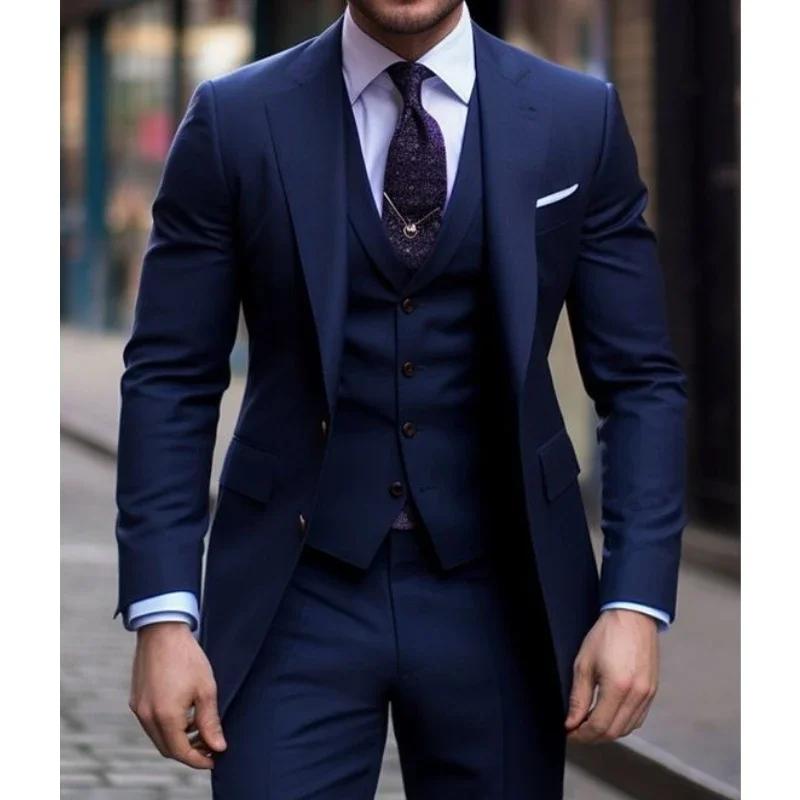 Bleu marine 3 pièces décontracté hommes costumes coupe ajustée revers cranté formel meilleurs hommes