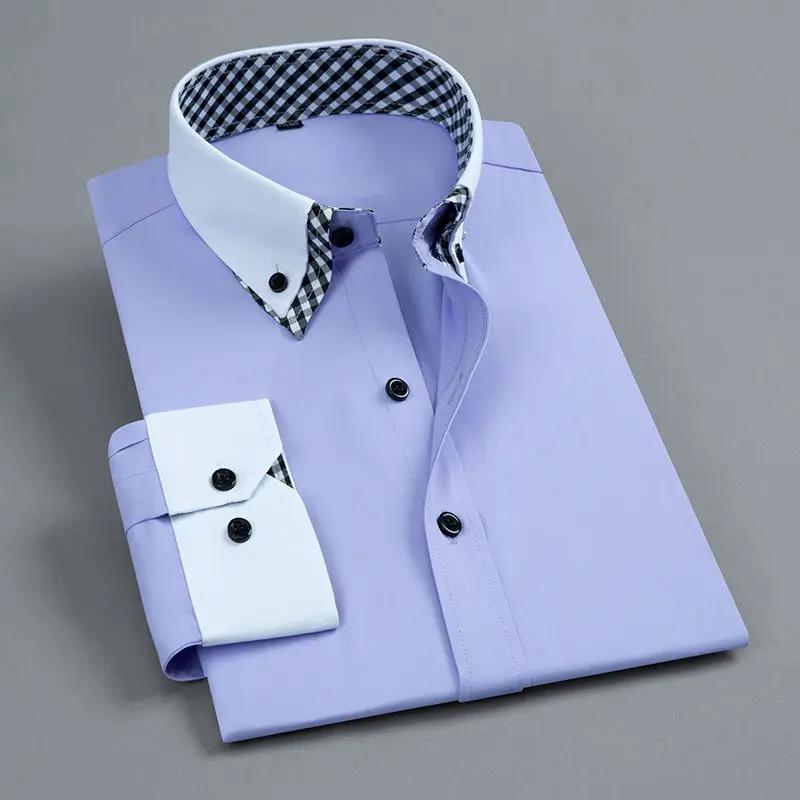 Chemise habillée à manches longues pour hommes Non fer Double couche affaires formelle coupe réguliè