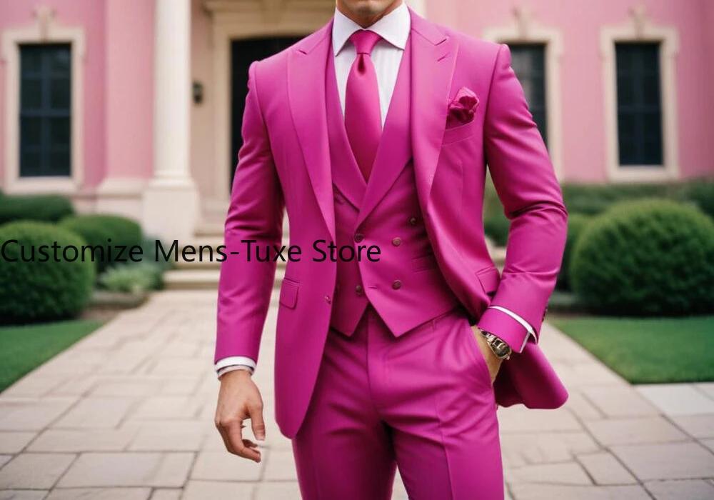 Costume 3 pièces rose pour homme, coupe ajustée, élégant, formel, décontracté, veste, gilet, pantalo