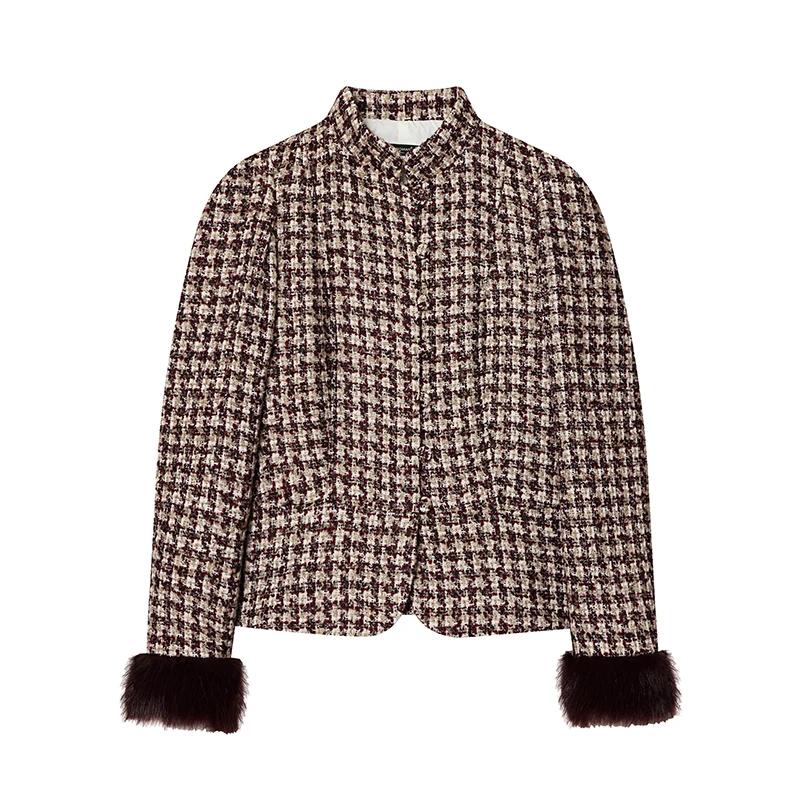 Veste élégante en tweed à carreaux pied-de-poule, col montant, poignets fourrés, coupe courte et aju