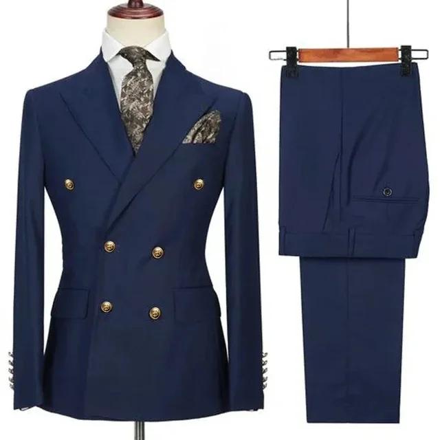 Costume 2 pièces bleu Royal pour hommes, Double boutonnage, couleur unie, pour affaires, décontracté