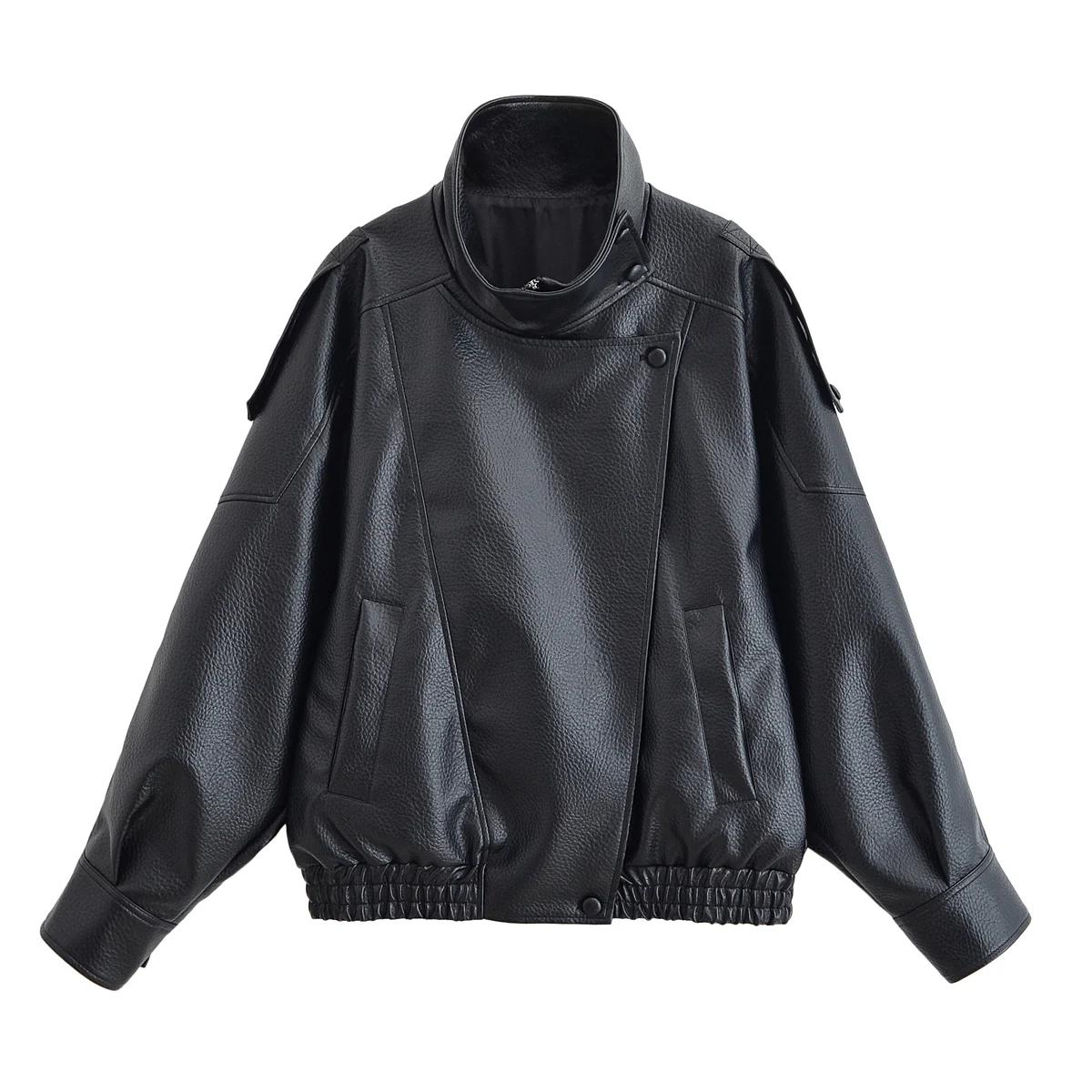 HH automne veste en simili cuir pour femmes décontracté solide fermeture éclair manches longues en c