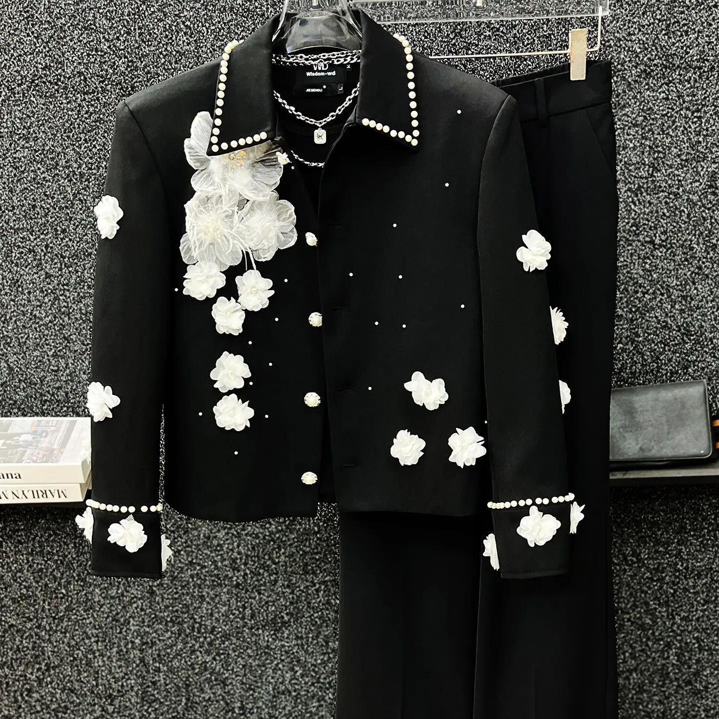 Veste à revers avec des Appliques de fleurs pour homme, manteau à revers avec perles et perles, mode