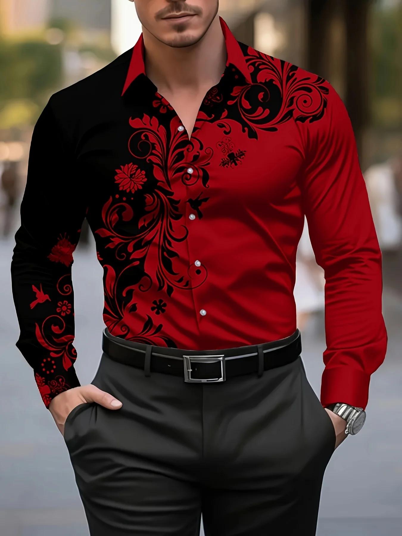 Chemise habillée élégante à imprimé floral rouge pour hommes - Chemise décontractée à manches longue