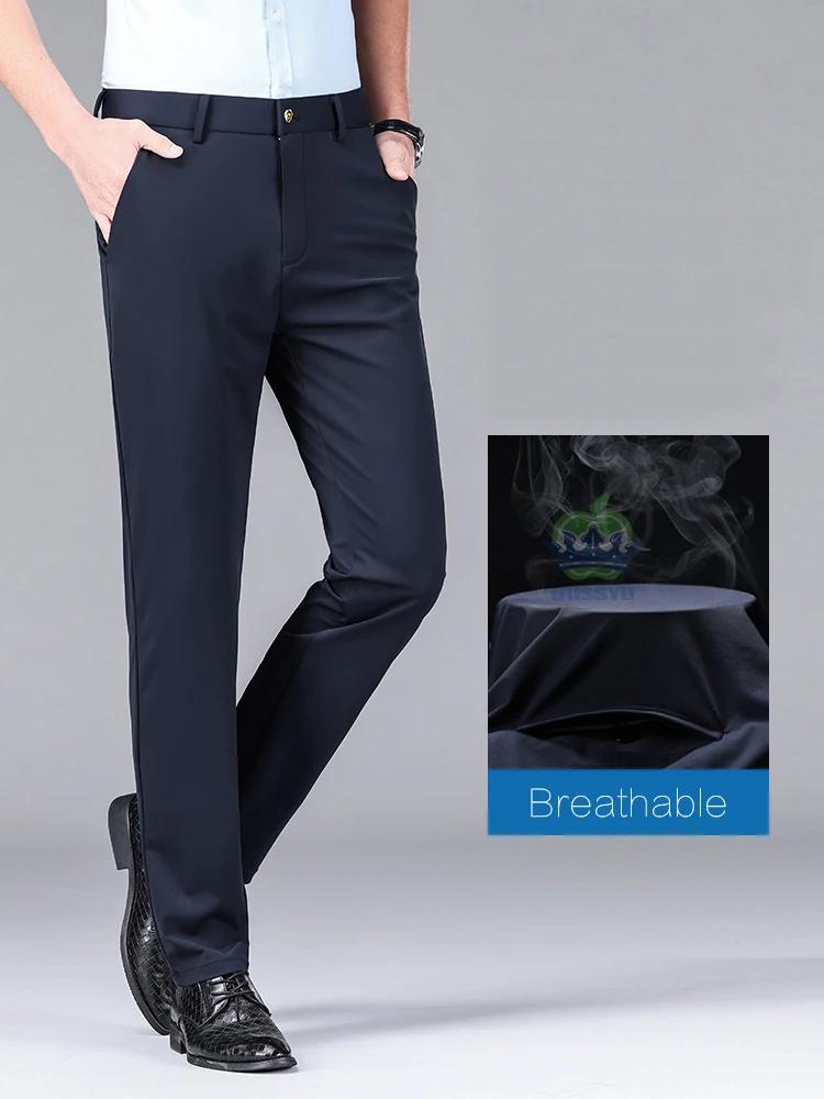 Pantalon de Costume Classique pour Homme en Tissu Extensible Léger Effet Soie Glacée, Taille Élastiq