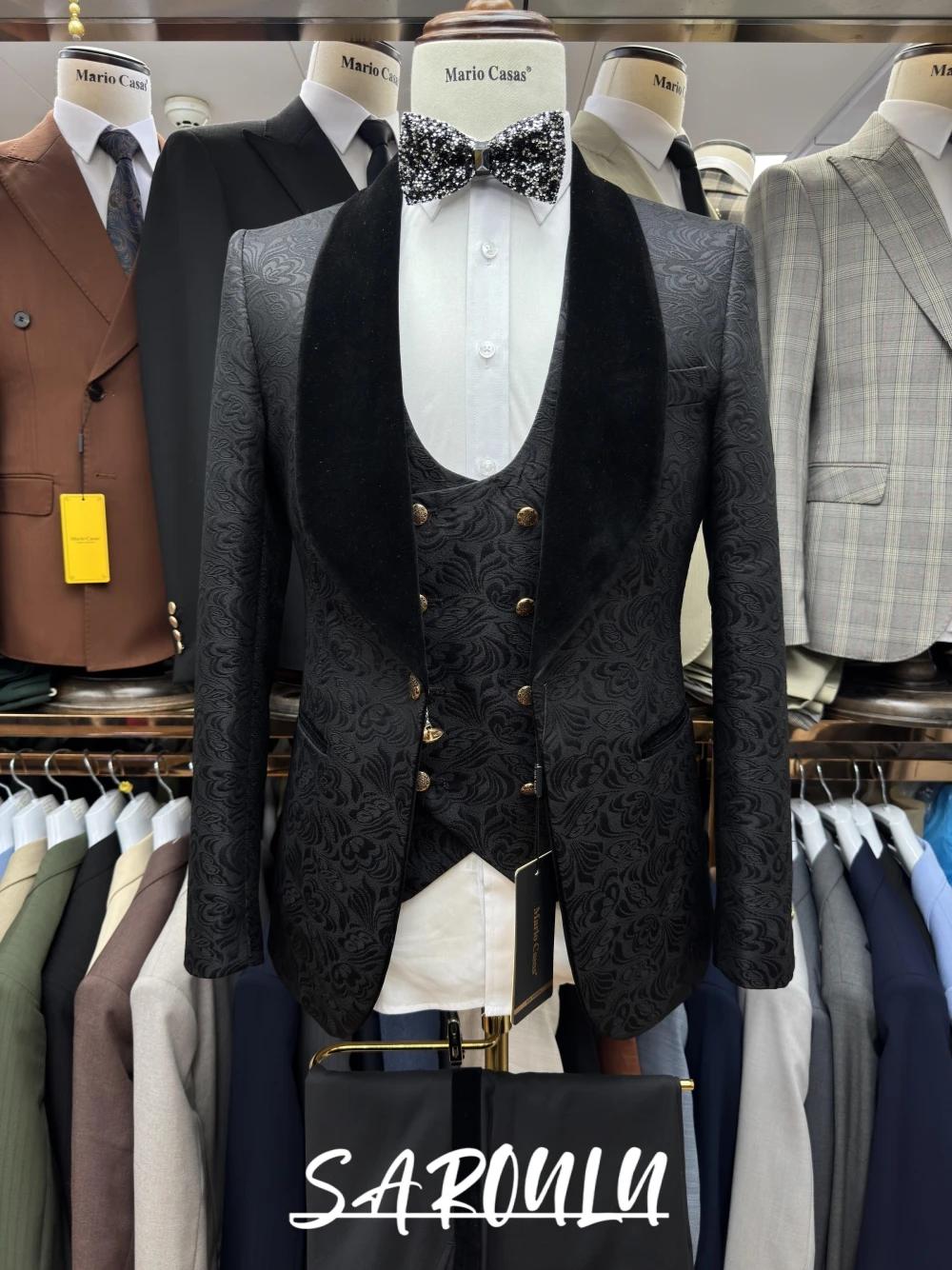 Ensemble de costume entièrement jacquard noir, smoking populaire 3 pièces, veste à revers châle en v