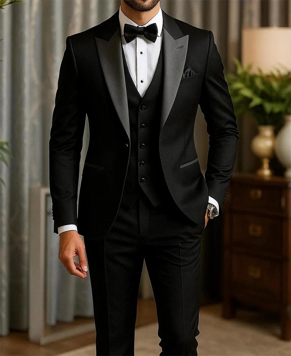 Costume pour homme noir 3 pièces avec revers gris, un bouton, ensemble blazer pour mariage et soirée