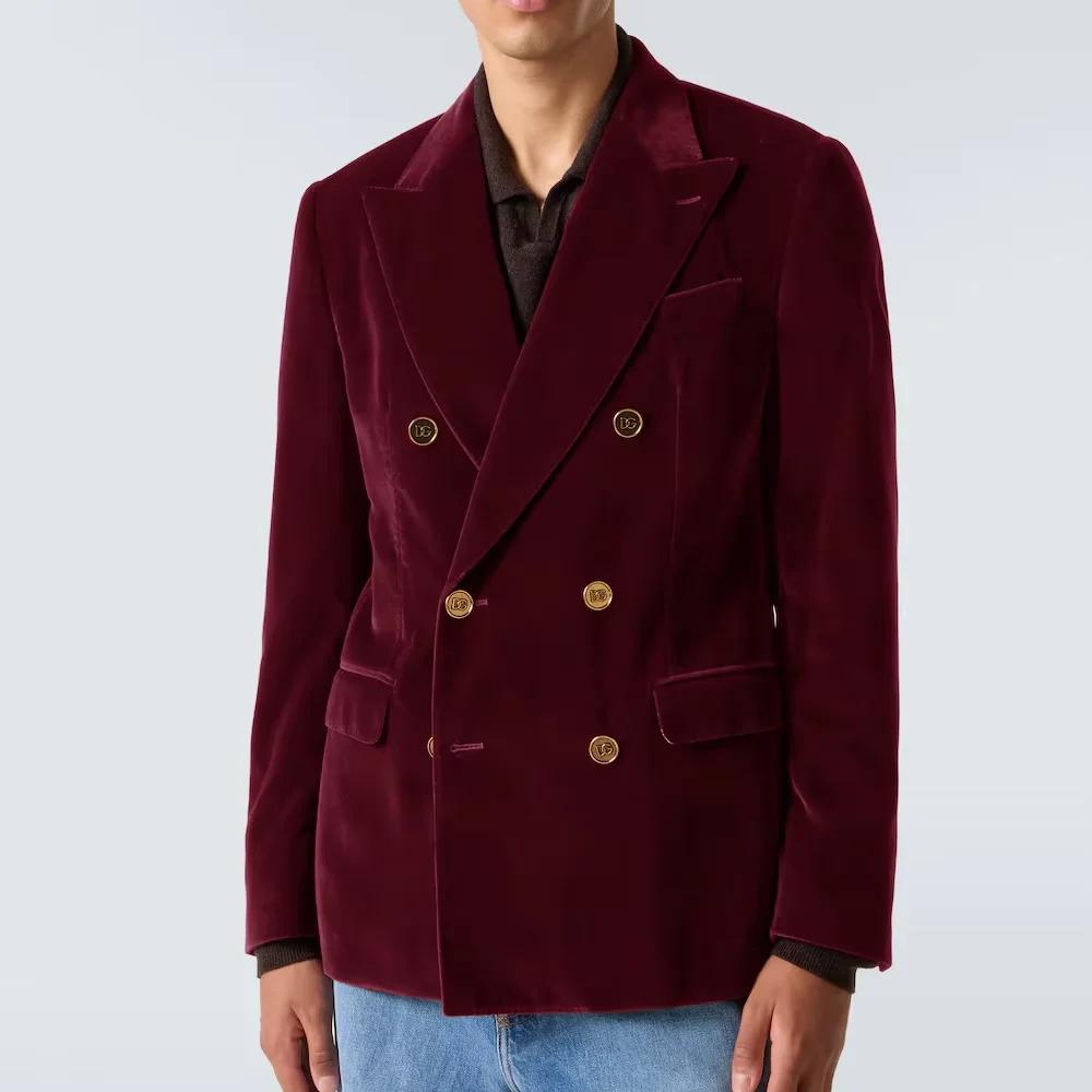Blazer de costume de luxe pour homme en velours bordeaux, croisé, à revers pointus avec boutons doré