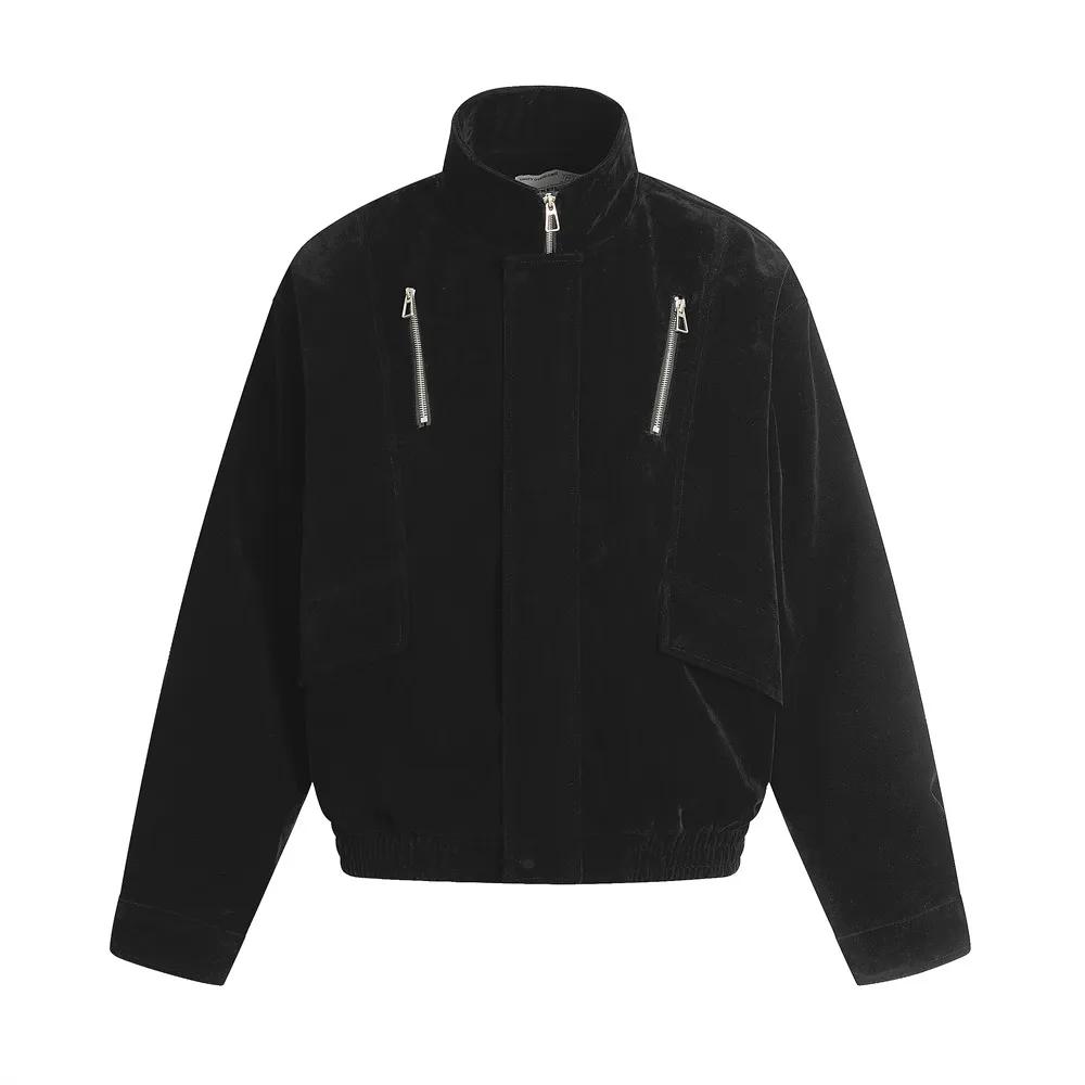 Veste Cargo en daim de couleur unie pour hommes, rétro décontracté, col montant ample, manches longu