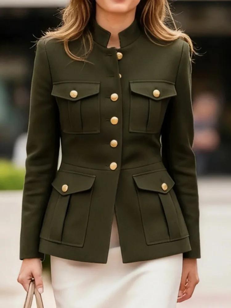 UOOZEE vestes de Style militaire pour femmes vert armée col montant bouton doré coupe ajustée multi-