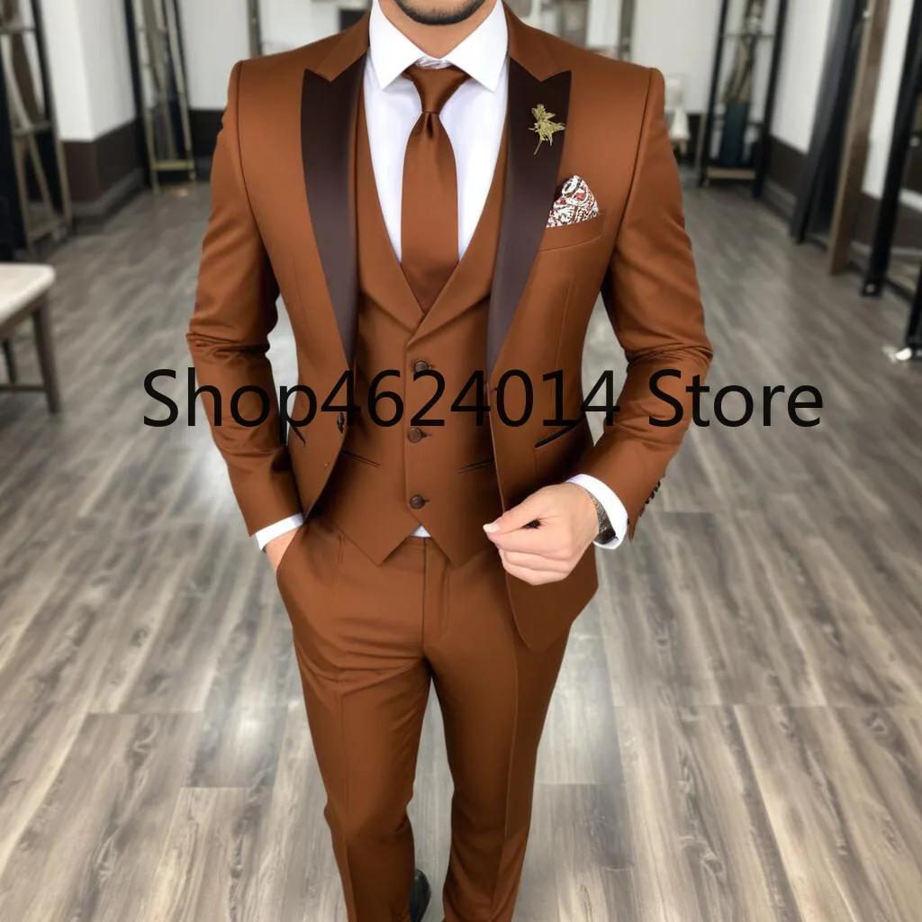 Costume 3 pièces marron pour hommes, coupe cintrée, veste de smoking de mariage à un bouton, costume