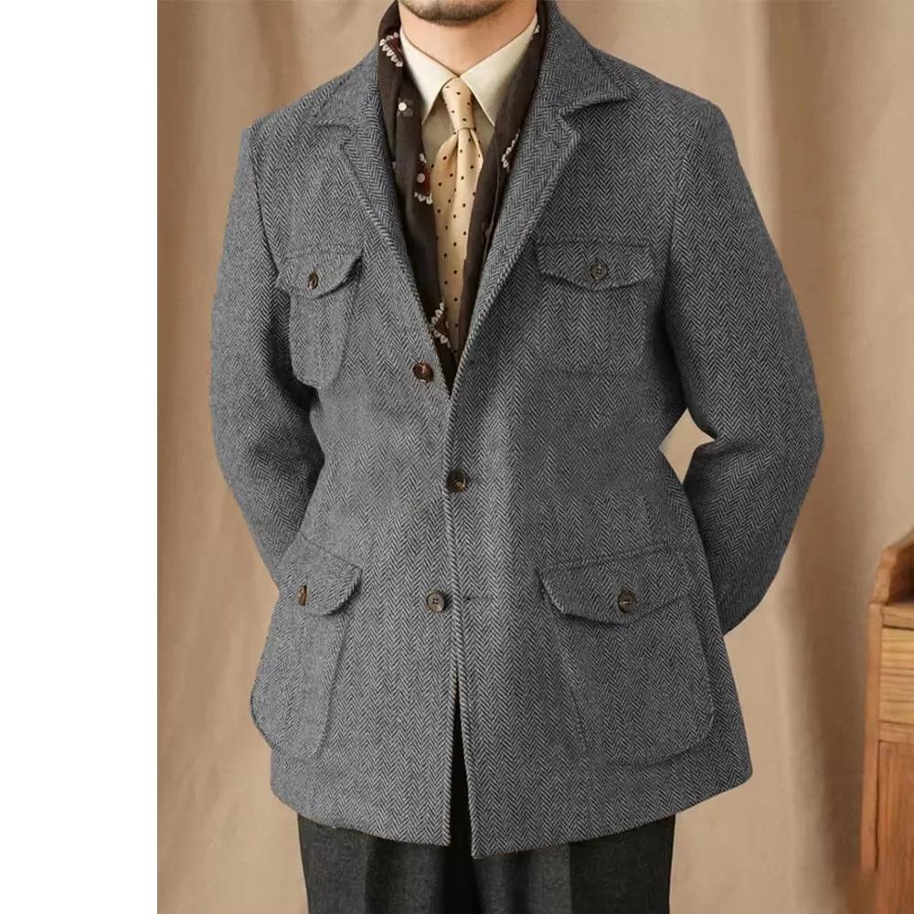Costumes pour hommes Vintage Blazer en Tweed à chevrons mélange de laine britannique Double boutonna