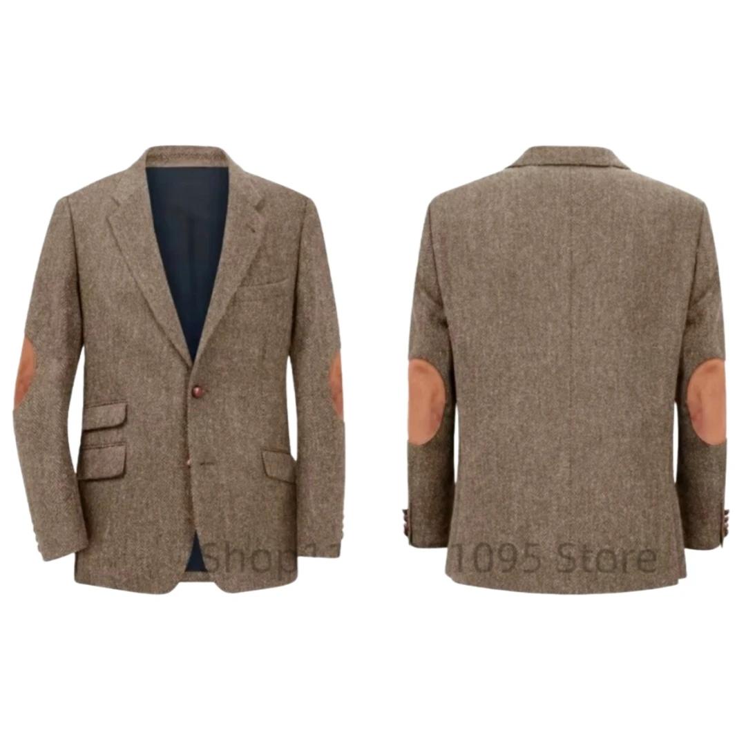 Blazer en Tweed à chevrons marron pour hommes, simple boutonnage, deux boutons, veste de smoking pou