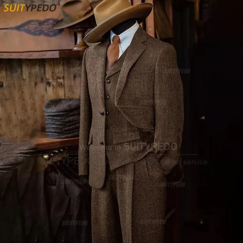 Costume intelligent décontracté à chevrons pour hommes, 3 pièces, Sinele boutonnage, revers cranté,