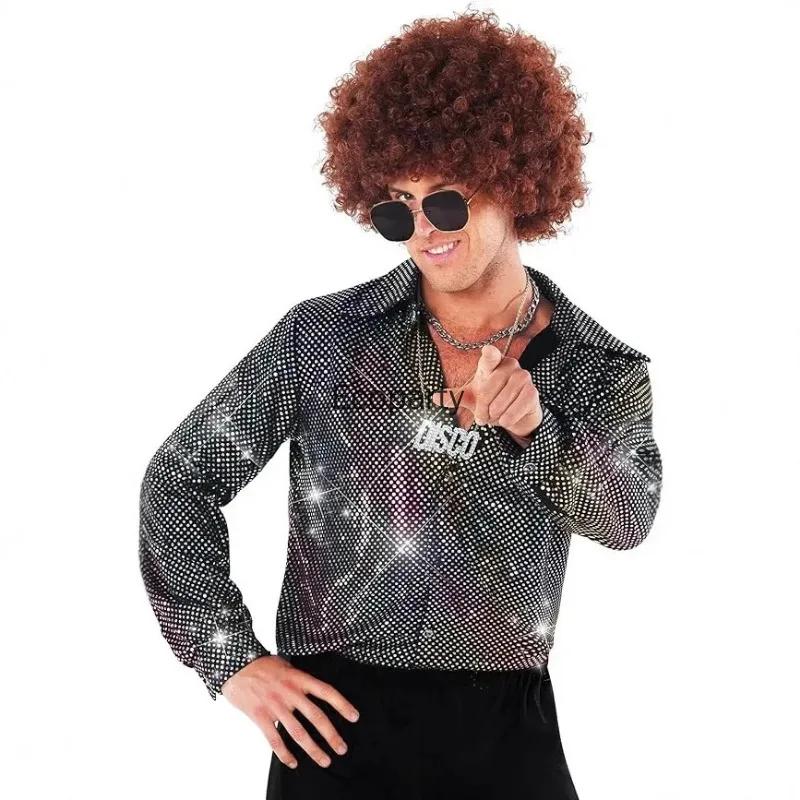 Costume Disco Vintage pour hommes, chemises à manches longues à paillettes brillantes, tenues de spe