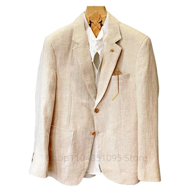 Manteau de costume en lin Beige pour hommes, coupe cintrée, décontracté, Business, Blazer fin, veste