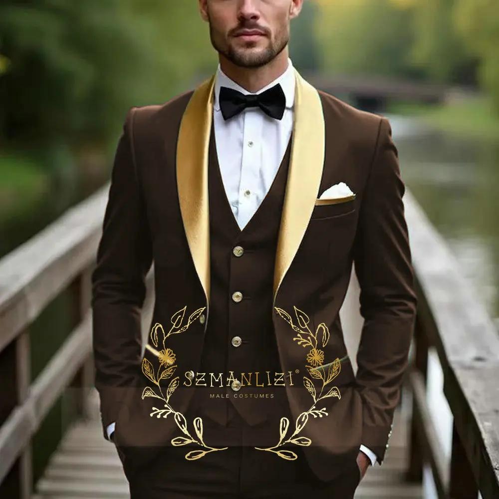 Costume vert huile pour hommes, smoking d'affaires formel en Satin doré, revers, marié, fête de mari