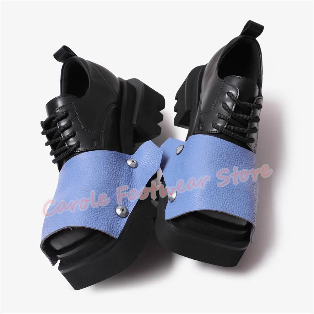 Mode couleur mixte cuir épissage Derby chaussures pour hommes Punk Rivet bout carré talon épais moca