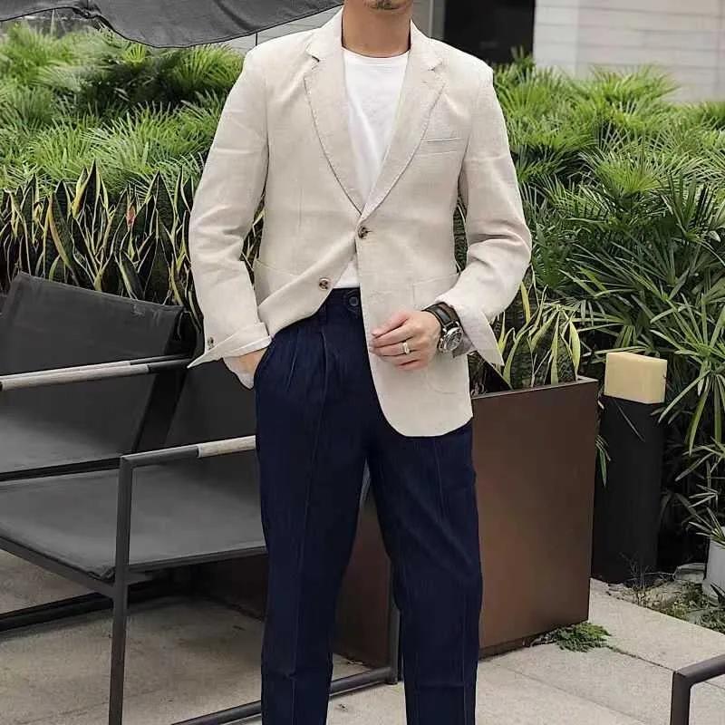 Blazer en lin pour hommes, veste de costume à carreaux décontractée de Style coréen, veste pour homm