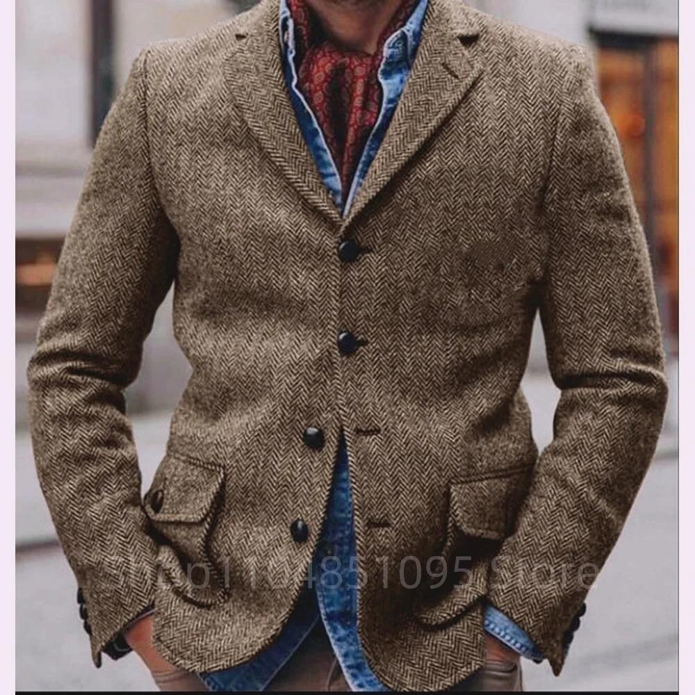 (Coat uniquement) costume marron à chevrons pour hommes, Blazer de bal, Tuxedos en laine Tweed, simp