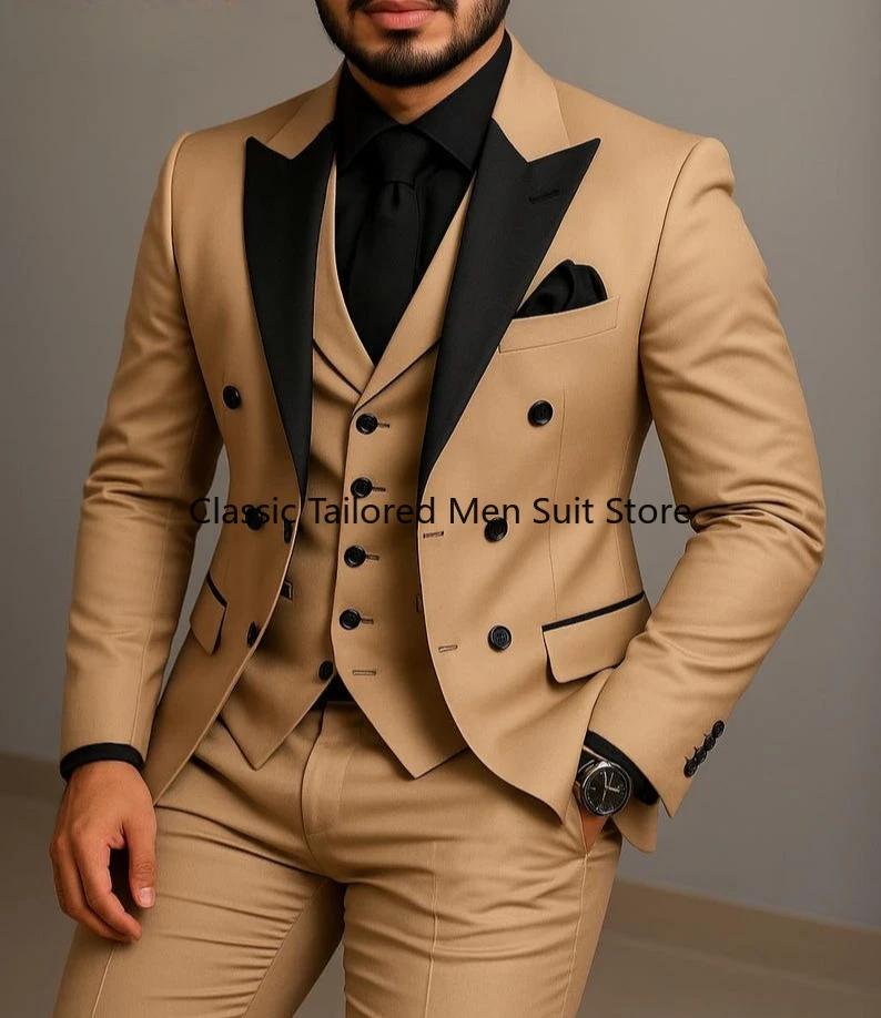 Costume beige à double boutonnage, costume de mariage ajusté à revers noir