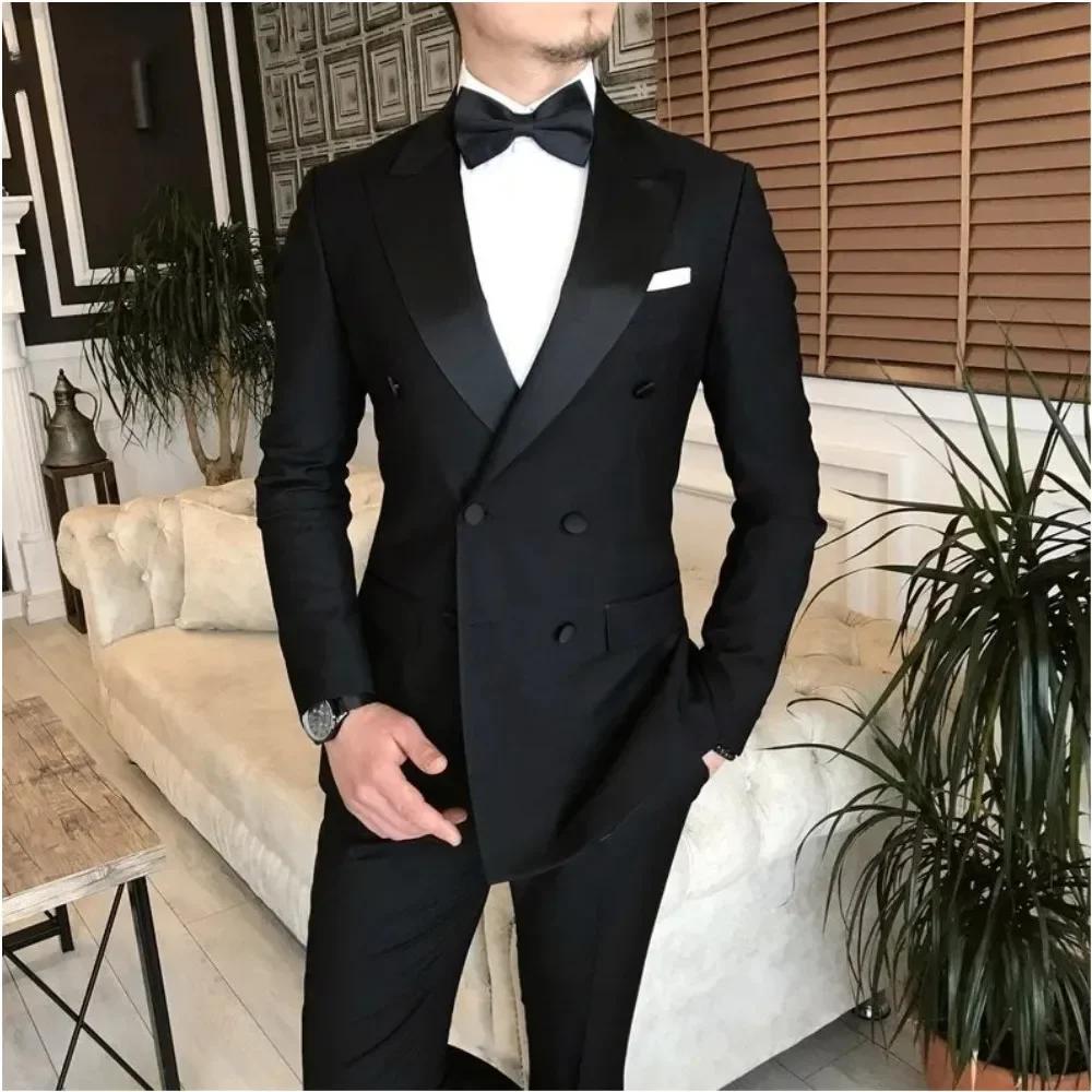 Costume 2 pièces veste + pantalon noir pour hommes, revers à pointe, Double boutonnage, Blazer sur m