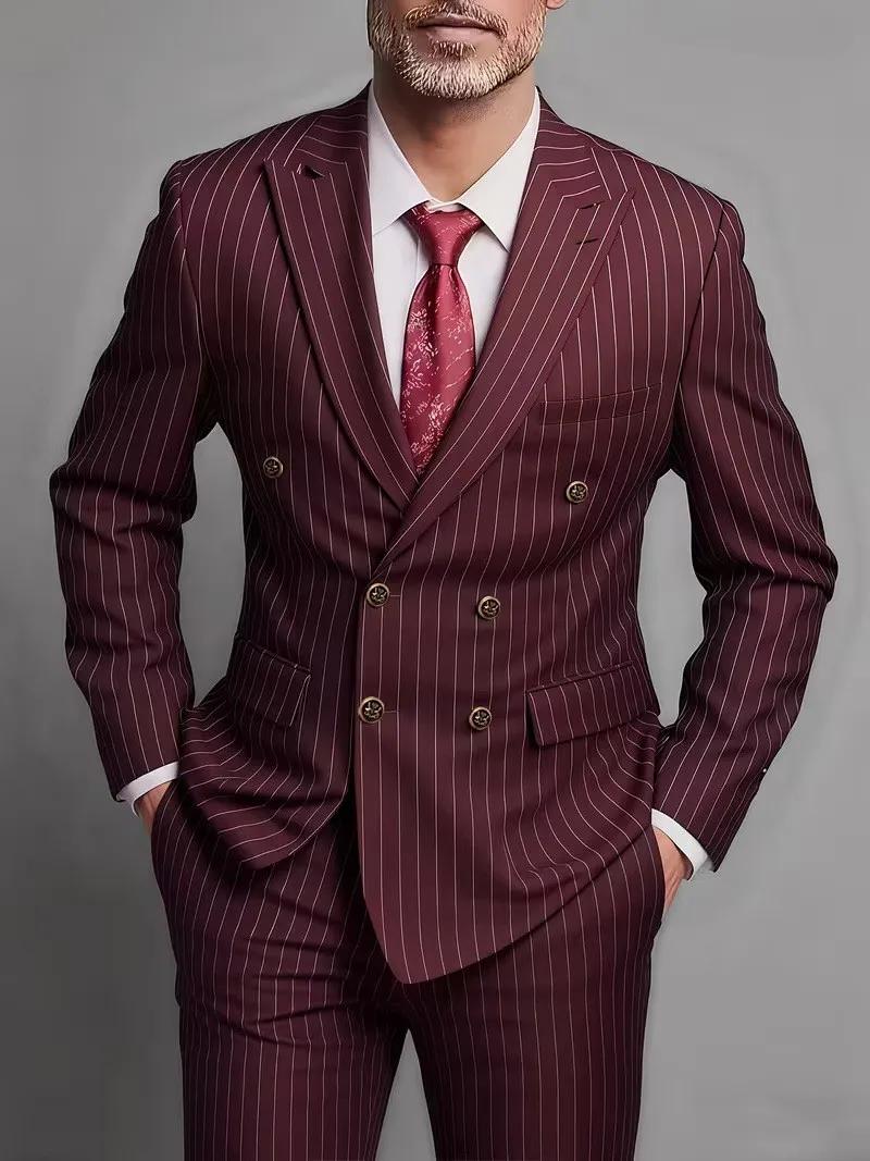 Costume Homme Deux Pièces Croisé Tendance et Ajusté pour Mariage ou Tenue Décontractée en Tissu Rayé