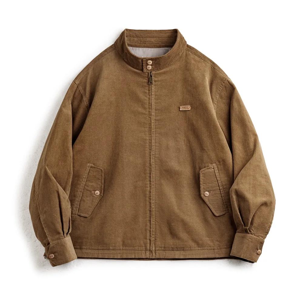 Maden-Veste Rétro en Velours Côtelé pour Homme, Manteau Polyvalent avec Col Montant, Poches à Rabat,