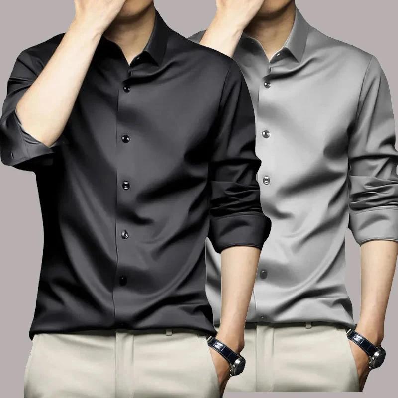 Chemise formelle homme 6XL sans repassage en soie glacée, manches longues, pour le bureau, grande ta
