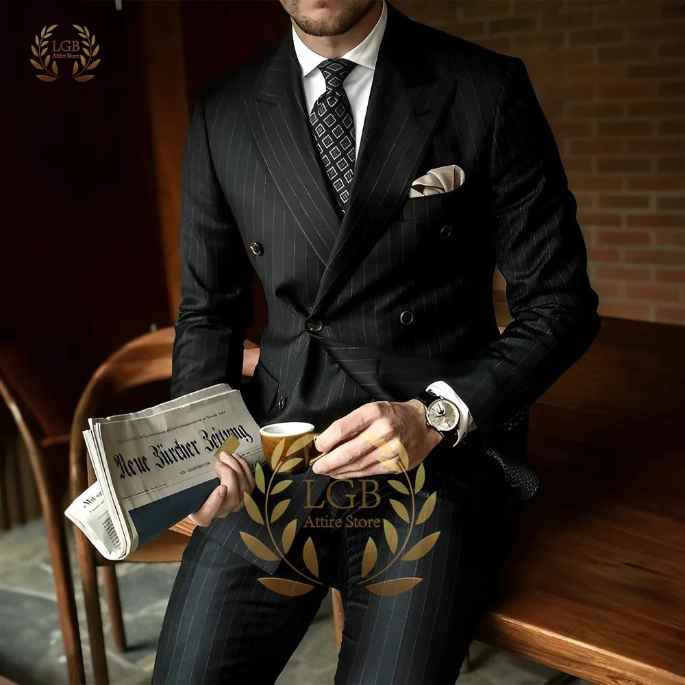 Costume Homme Premium Rayé Coupe Slim Revers Tendance Double Boutonnage 2 Pièces Formel Business Déc