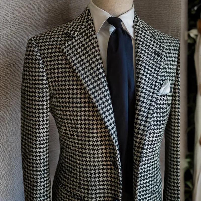 Blazer d'affaires pied-de-poule pour hommes, veste de costume à revers cranté à carreaux, manteau fo