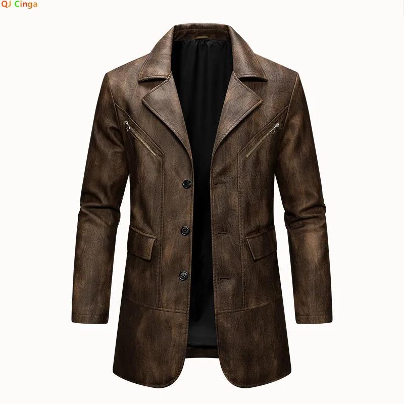 Vestes en PU marron pour hommes avec revers pour l'automne et l'hiver, manteaux en similicuir gris f