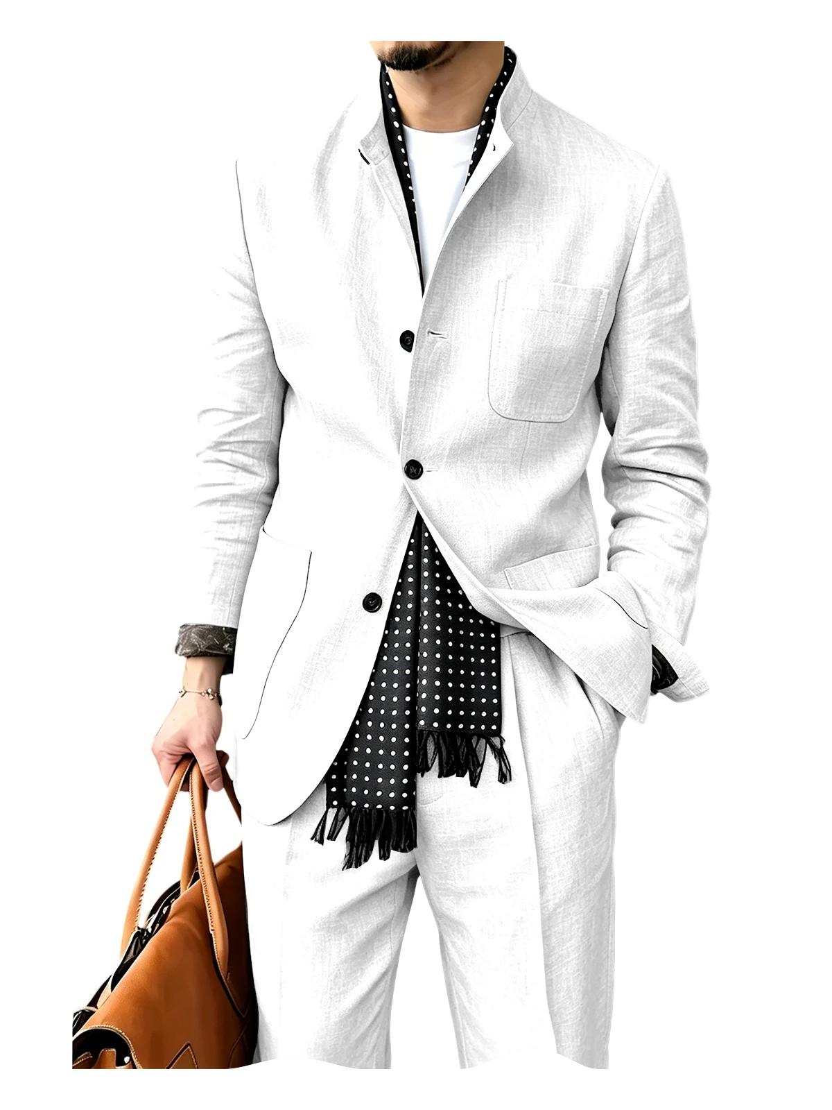 Ensemble de costume 2 pièces en mélange de lin pour homme, col montant, trois boutons, respirant, dé