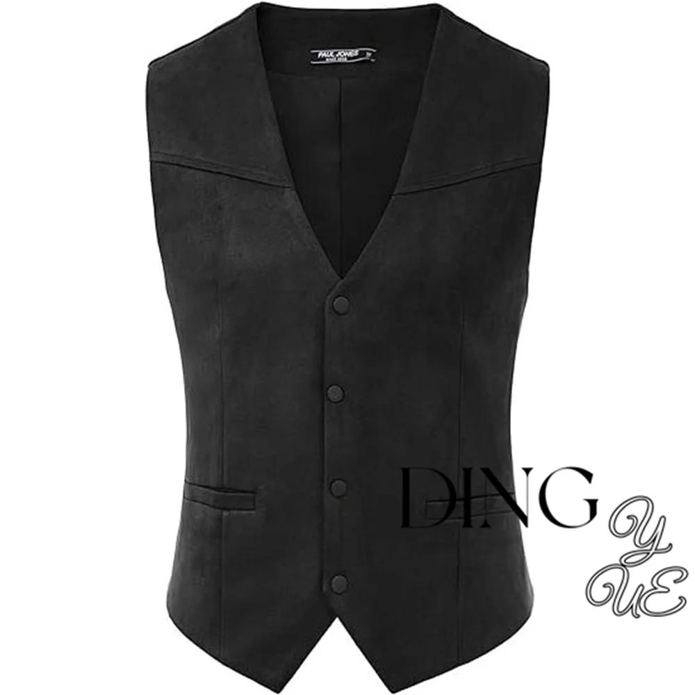 Gilet de costume en cuir suédé pour hommes, gilet occidental décontracté, veste sans manches à col e