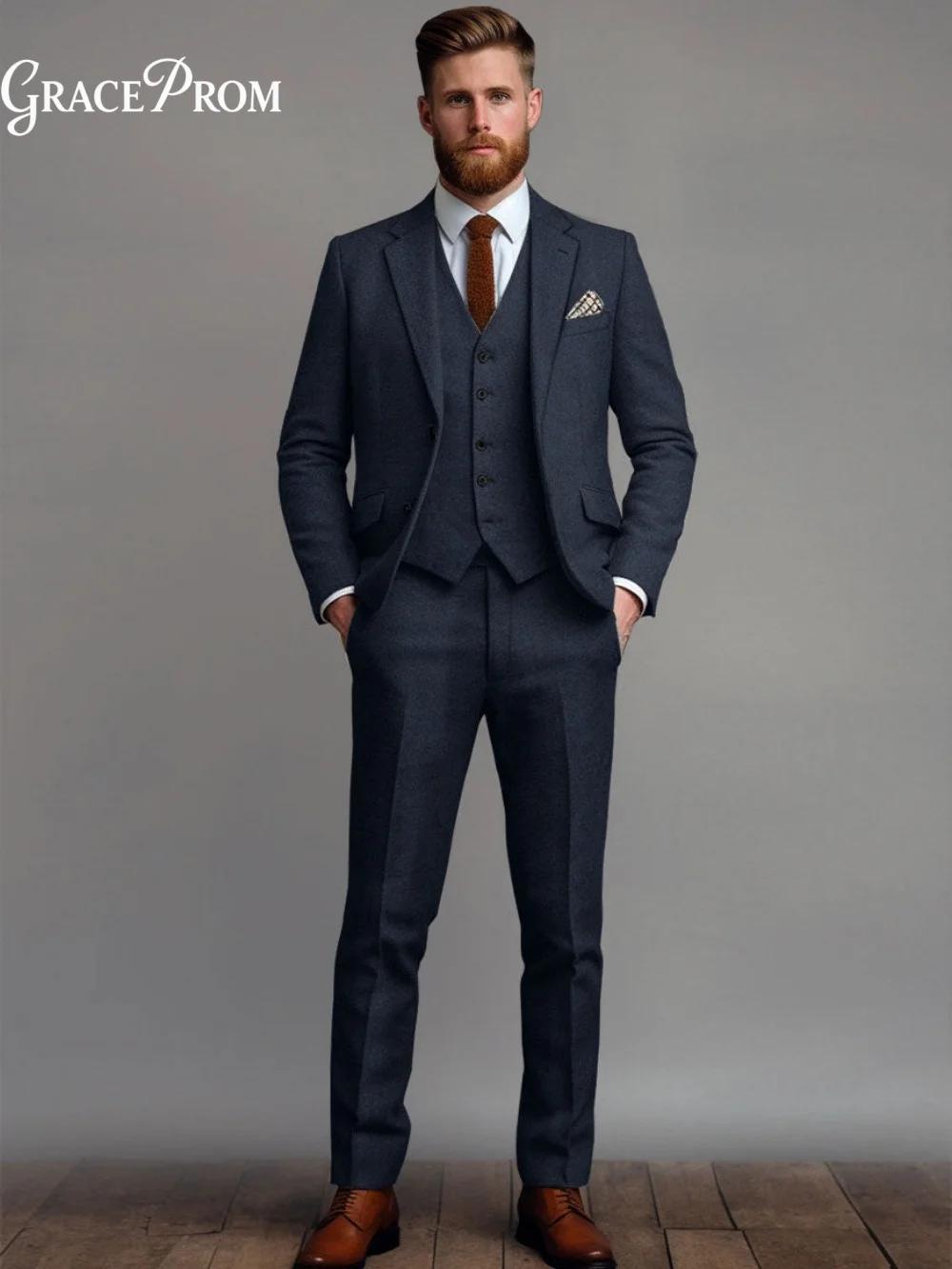 Ensemble de Costume 3 Pièces Élégant Bleu Marine Uni pour Homme 2026 – Blazer, Gilet et Pantalon Cla