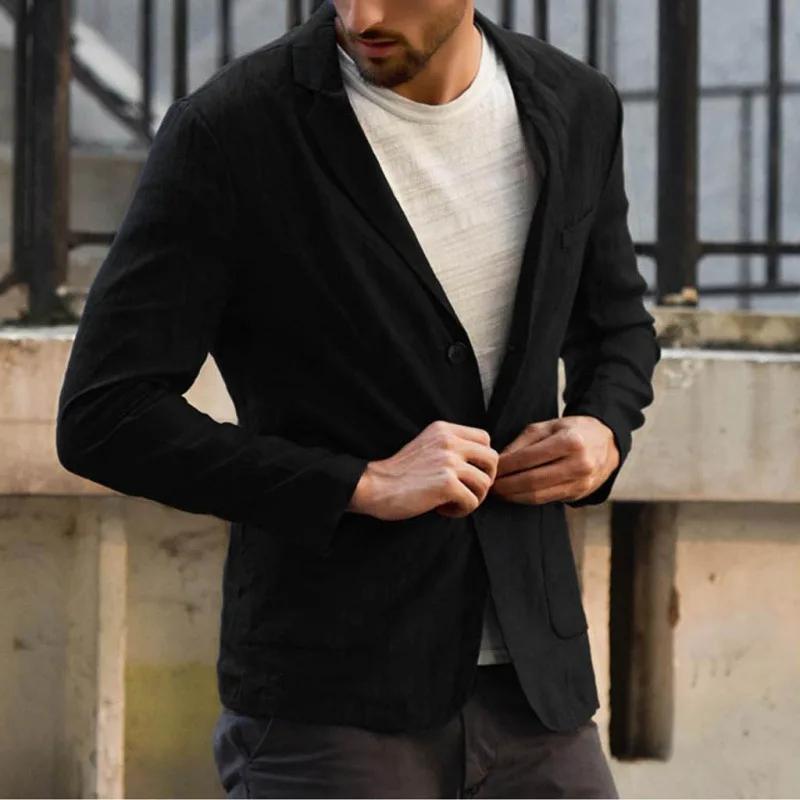 Costume d'automne en coton et lin pour hommes, ample, couleur unie, veste de costume fine et réguliè