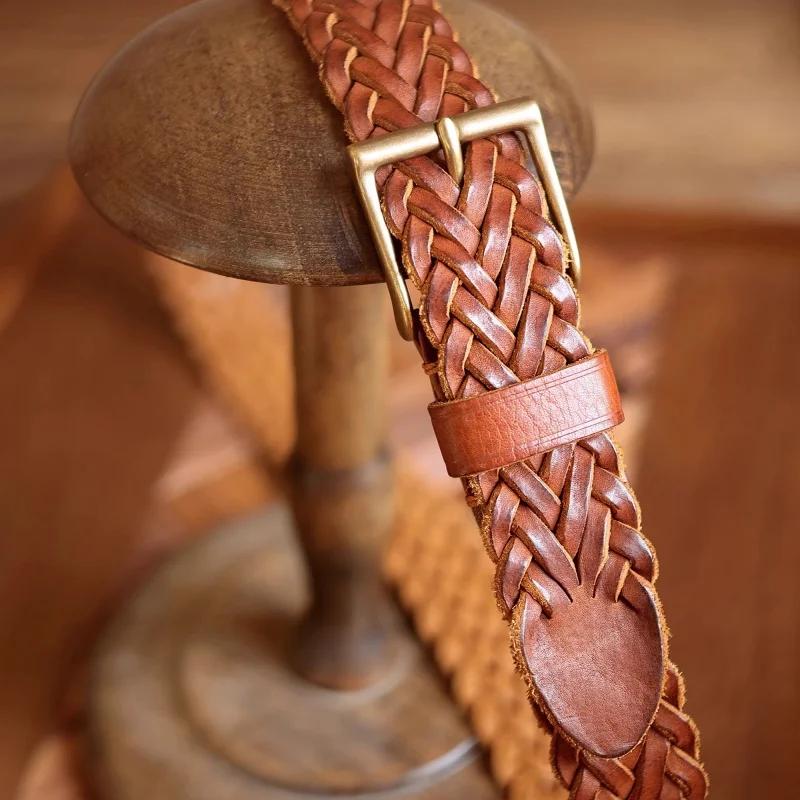 Ceinture de styliste rétro en laiton et cuivre, tissée à la main, en cuir véritable végétal, décontr