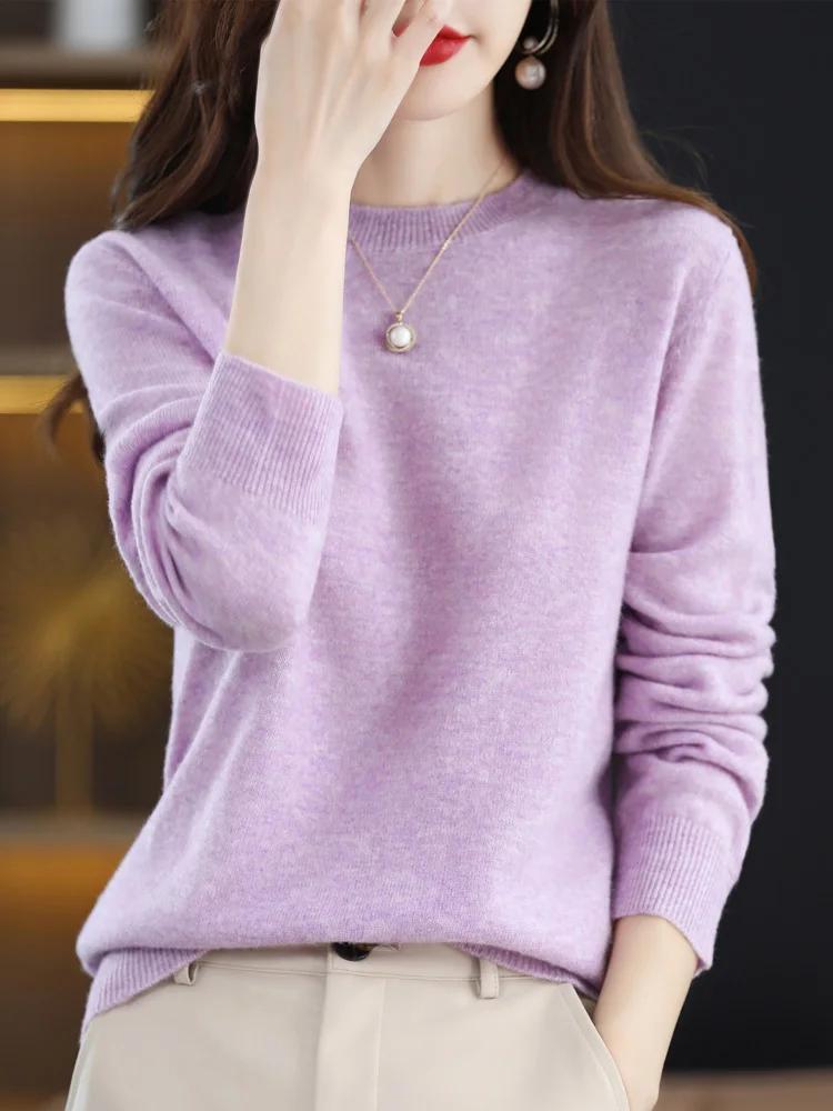 Mode 100% laine mérinos pull élégant cachemire pull femmes col rond à manches longues tricots vêteme