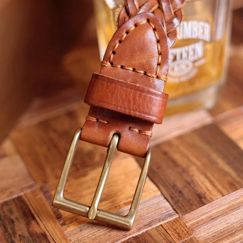 Ceinture de styliste rétro en laiton et cuivre, tissée à la main, en cuir véritable végétal, décontr