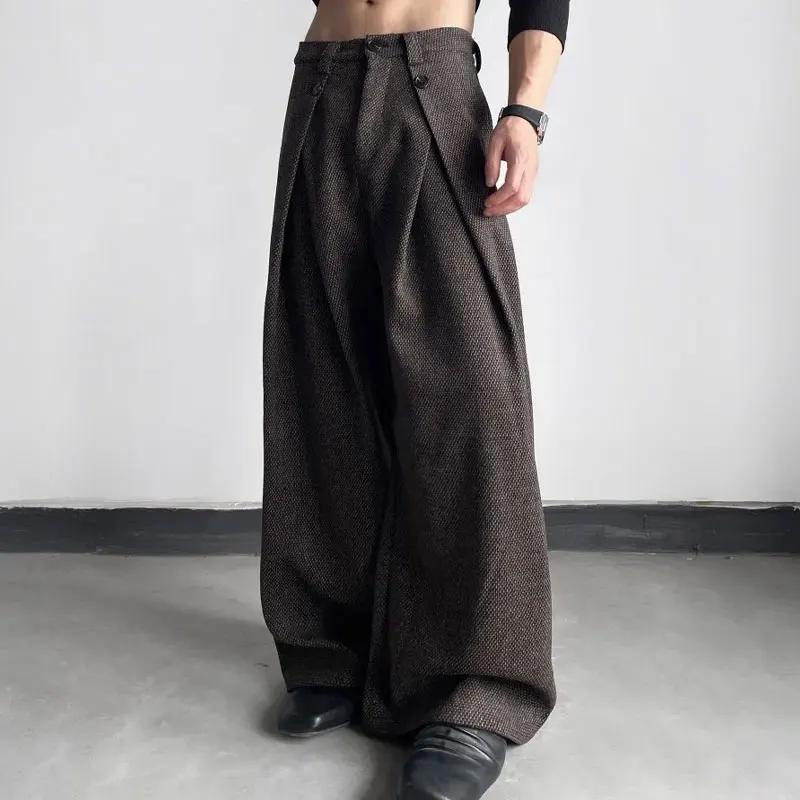 Mode plis bouton jambe large costume pantalon vêtements pour hommes américain couleur unie automne h