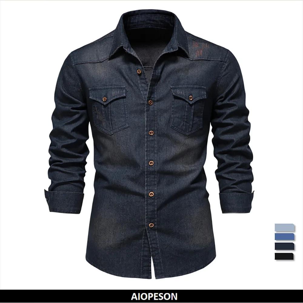 AIOPESON marque chemise en denim de coton élastique pour hommes manche longue Chemises de cow-boy de