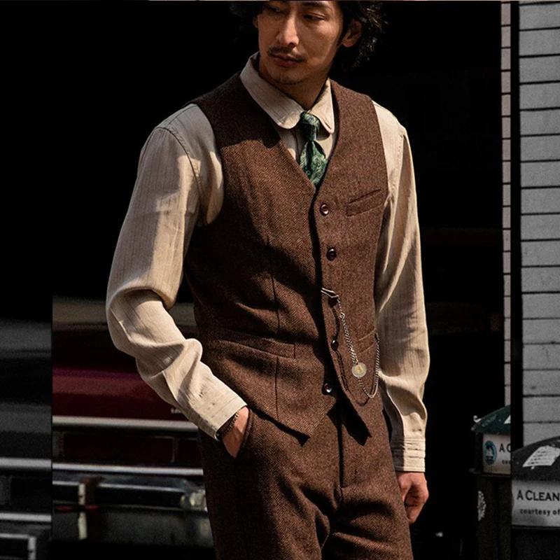 Gilet de costume en Tweed rétro britannique pour hommes, gilet à chevrons en laine d'automne, veste