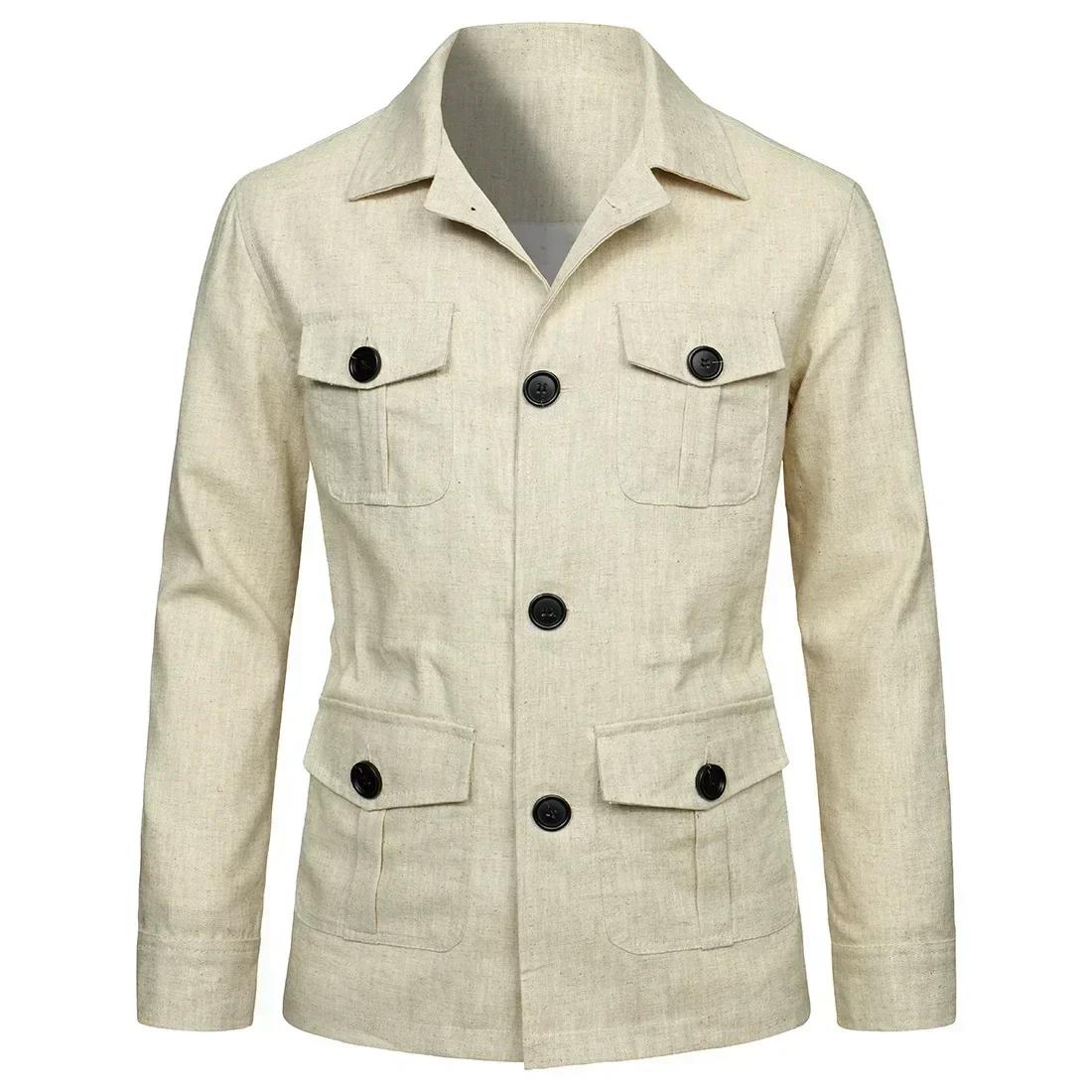 Vestes Safari en lin pour hommes, Style britannique, mode Vintage, multi-poches, Cargo, Streetwear,