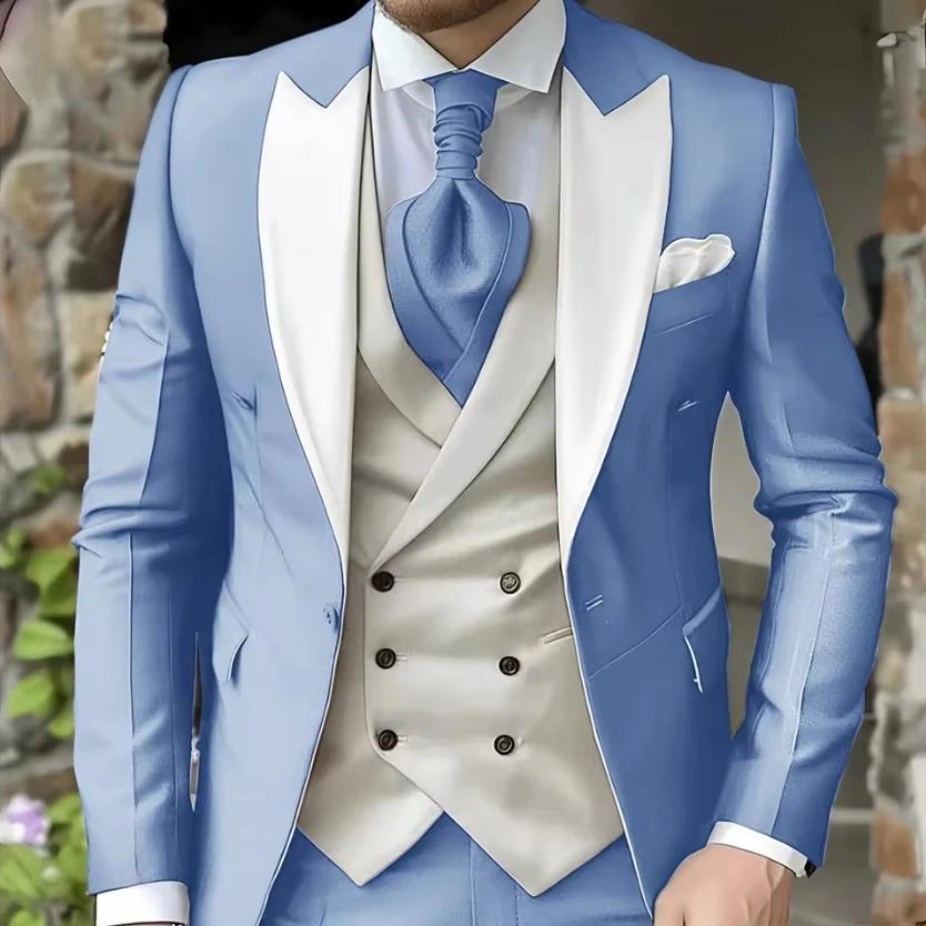 Men Suit White Classic 3 Pieces Wedding Suits Set Fashion Men Business Tuxedo Peaked Lapel Groomsmen
